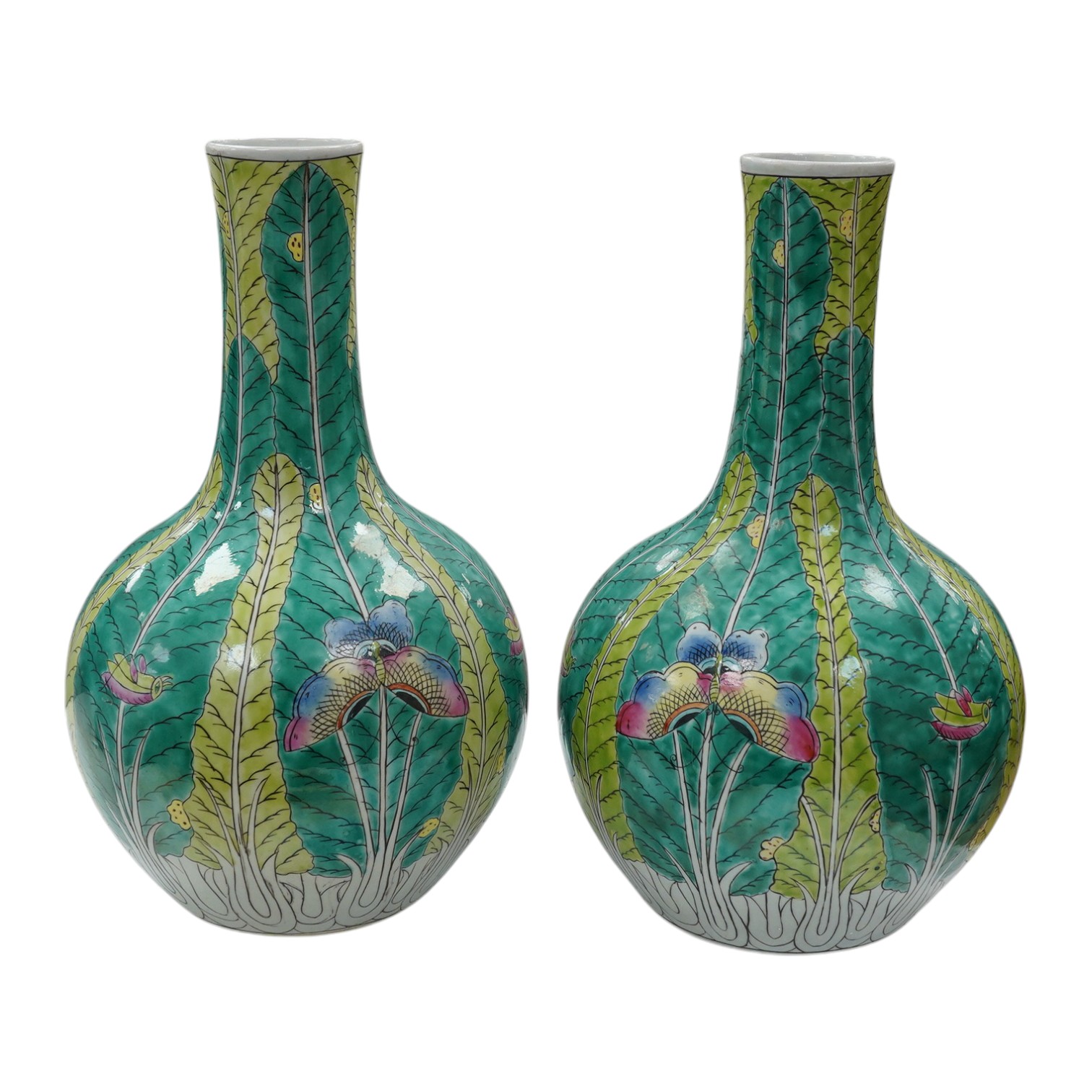 A pair of modern Chinese leaf and butterfly decorated bottle vases, 37cm high. Condition - good